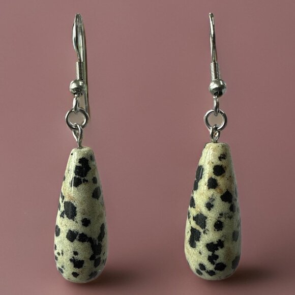 Earrings Dalmatian Jasper Tear drop shaped gemstone jewelry fashion accessories - Picture 1 of 5